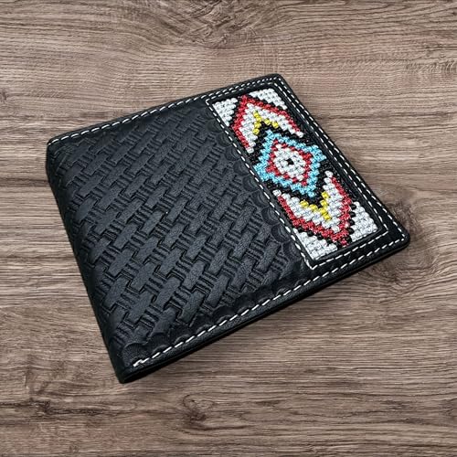 Western Stakes Leather Bi Fold Mens Wallet Tapestry Diamond Arrow Design Hand Crafted High End Wallets Leather Gifts For Men