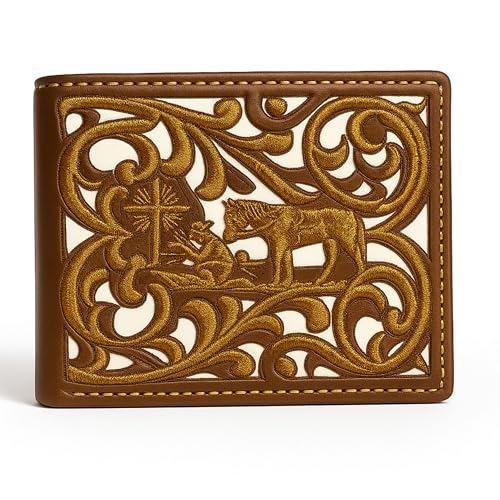 Western Stakes Cowboy Praying Bi-Fold Leather Wallet with Embroidered Cowboy & Cross Design