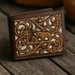Western Stakes Cowboy Praying Bi-Fold Leather Wallet with Embroidered Cowboy & Cross Design