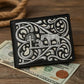 Western Stakes Cowboy Praying Bi-Fold Leather Wallet with Embroidered Cowboy & Cross Design