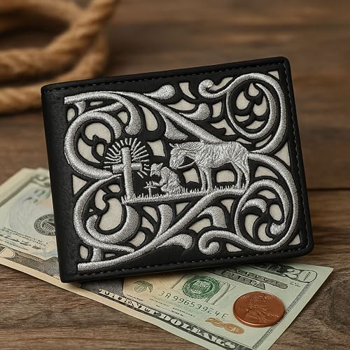 Western Stakes Cowboy Praying Bi-Fold Leather Wallet with Embroidered Cowboy & Cross Design