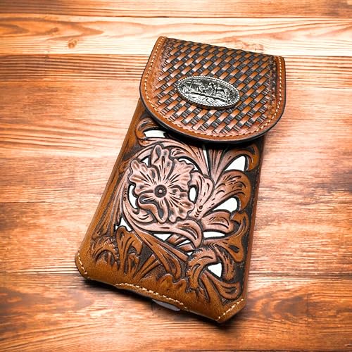 Western Stakes Western Leather Phone Belt Holster Cell Phone Case Pouch Floral Cowboy Tooled Concho Basketweave Universal