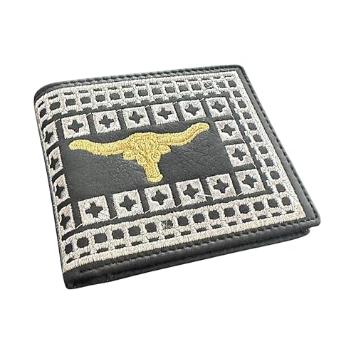 Western Stakes Rodeo Wallet – Bi-Fold Leather with Gold Longhorn and Silver Stitching