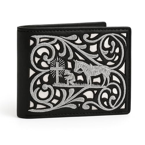 Western Stakes Cowboy Praying Bi-Fold Leather Wallet with Embroidered Cowboy & Cross Design