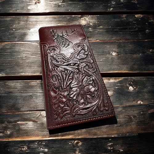 Leather Long Wallet Floral Embossed Deer Buck Bi Fold Hand Crafted Mens Wallets