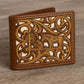 Western Stakes Cowboy Praying Bi-Fold Leather Wallet with Embroidered Cowboy & Cross Design