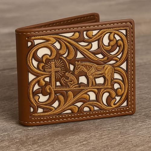 Western Stakes Cowboy Praying Bi-Fold Leather Wallet with Embroidered Cowboy & Cross Design