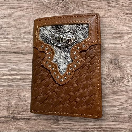 Leather Tri Fold Wallet Concho & Cowhair