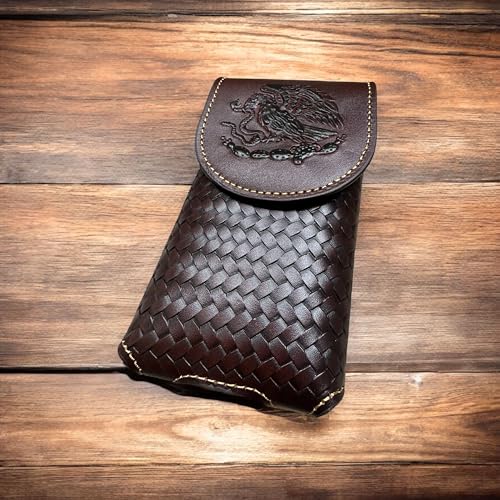 Western Stakes Western Leather Phone Belt Holster Cell Phone Case Pouch Embossed Tooled Golden Eagle Snake Mexico Coat of Arms High End Case for iPhone Samsung Universal