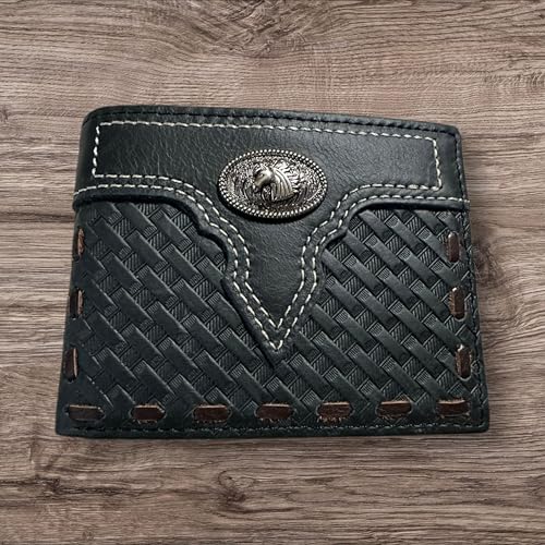 Leather Wallet Basketwave Cowboy Horses Stallion Concho Cowhide Bi Fold Mens Wallet