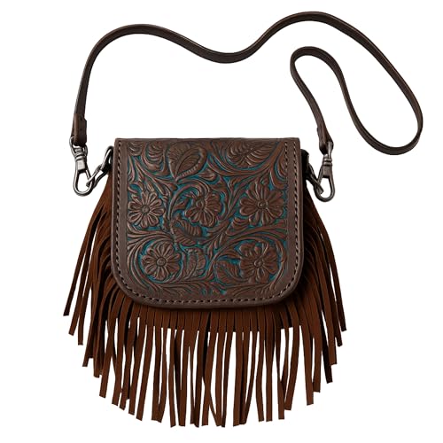 Western Tooled Floral Crossbody Purse – Leather Fringe Bag with Drop Strap & Zipper Pocket
