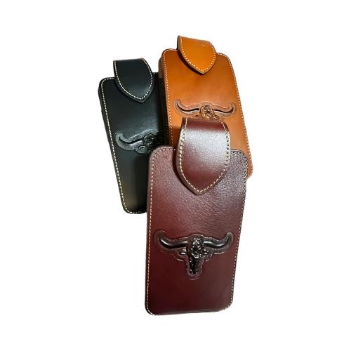 Western Stakes Leather Phone Belt Holster Embossed Longhorn Lonestar