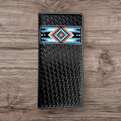 Western Stakes Leather Bi Fold Mens Long Wallet Tapestry Blue Diamond Arrow Design Leather Basketweave Rodeo Wallet Cowboy Style Hand Crafted High End Mens Wallets Leather Gifts For Men