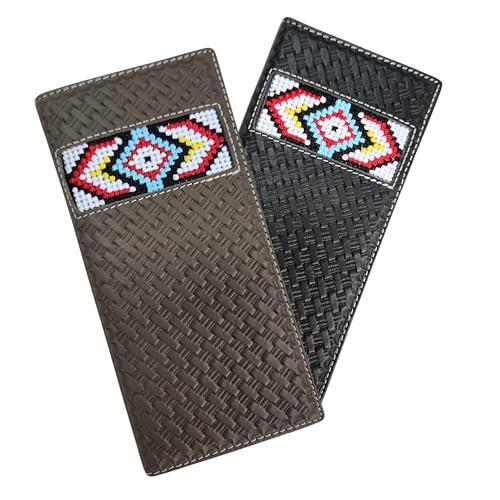 Western Stakes Leather Bi Fold Mens Long Wallet Tapestry Diamond Arrow Design