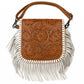 Western Tooled Floral Crossbody Purse – Leather Fringe Bag with Drop Strap & Zipper Pocket