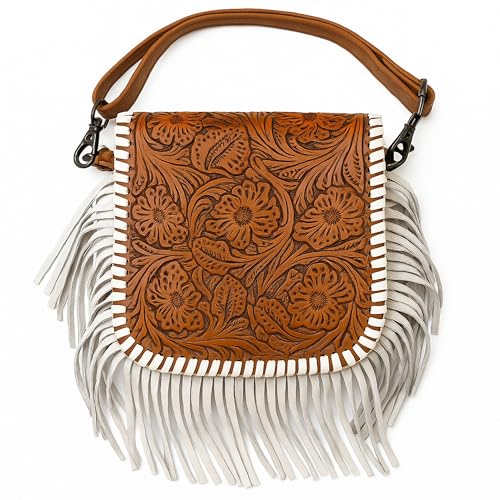 Western Tooled Floral Crossbody Purse – Leather Fringe Bag with Drop Strap & Zipper Pocket