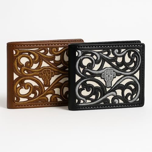 Western Stakes Men’s Leather Bifold – Embroidered Longhorn, Contrast-Stitched Card Holder