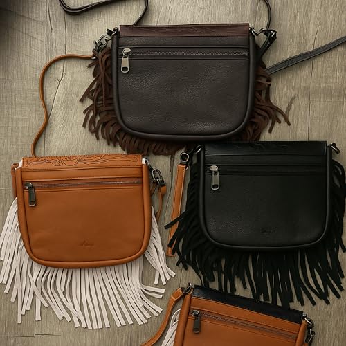 Western Tooled Floral Crossbody Purse – Leather Fringe Bag with Drop Strap & Zipper Pocket
