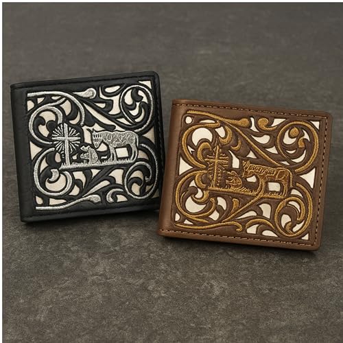 Western Stakes Cowboy Praying Bi-Fold Leather Wallet with Embroidered Cowboy & Cross Design