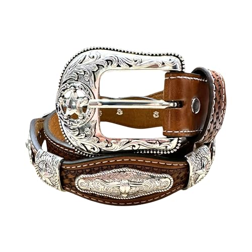 Leather Western Belts For Men Cowboy Praying At Cross Concho Tooled