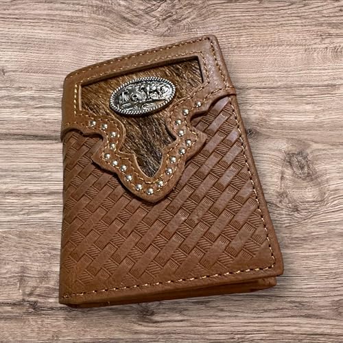 Leather Tri Fold Wallet Concho & Cowhair