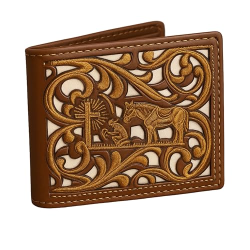 Western Stakes Cowboy Praying Bi-Fold Leather Wallet with Embroidered Cowboy & Cross Design