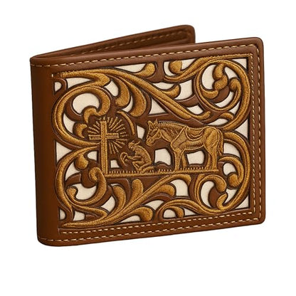 Western Stakes Cowboy Praying Bi-Fold Leather Wallet with Embroidered Cowboy & Cross Design