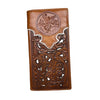 A hand-crafted long wallet made of brown leather, featuring intricate floral cutout designs and an embossed coin replica at the top. The Western Stakes Floral Long Wallet Brown White 50 Pesos design includes an angel with wings and the markings "50 Pesos" and "1821-1947," blending texture and detailed craftsmanship beautifully.