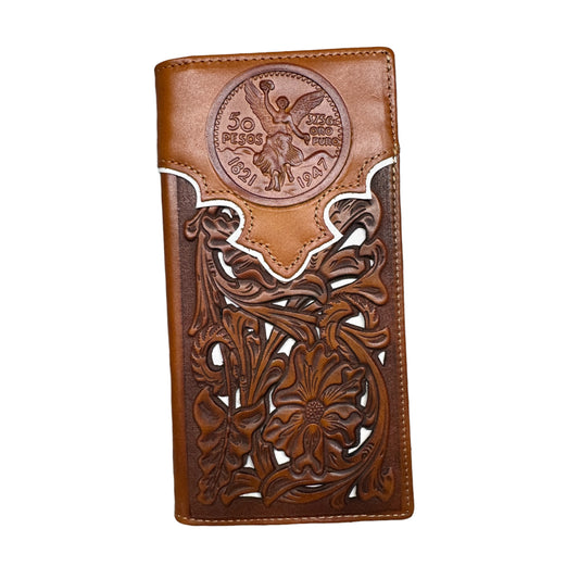 A hand-crafted long wallet made of brown leather, featuring intricate floral cutout designs and an embossed coin replica at the top. The Western Stakes Floral Long Wallet Brown White 50 Pesos design includes an angel with wings and the markings "50 Pesos" and "1821-1947," blending texture and detailed craftsmanship beautifully.