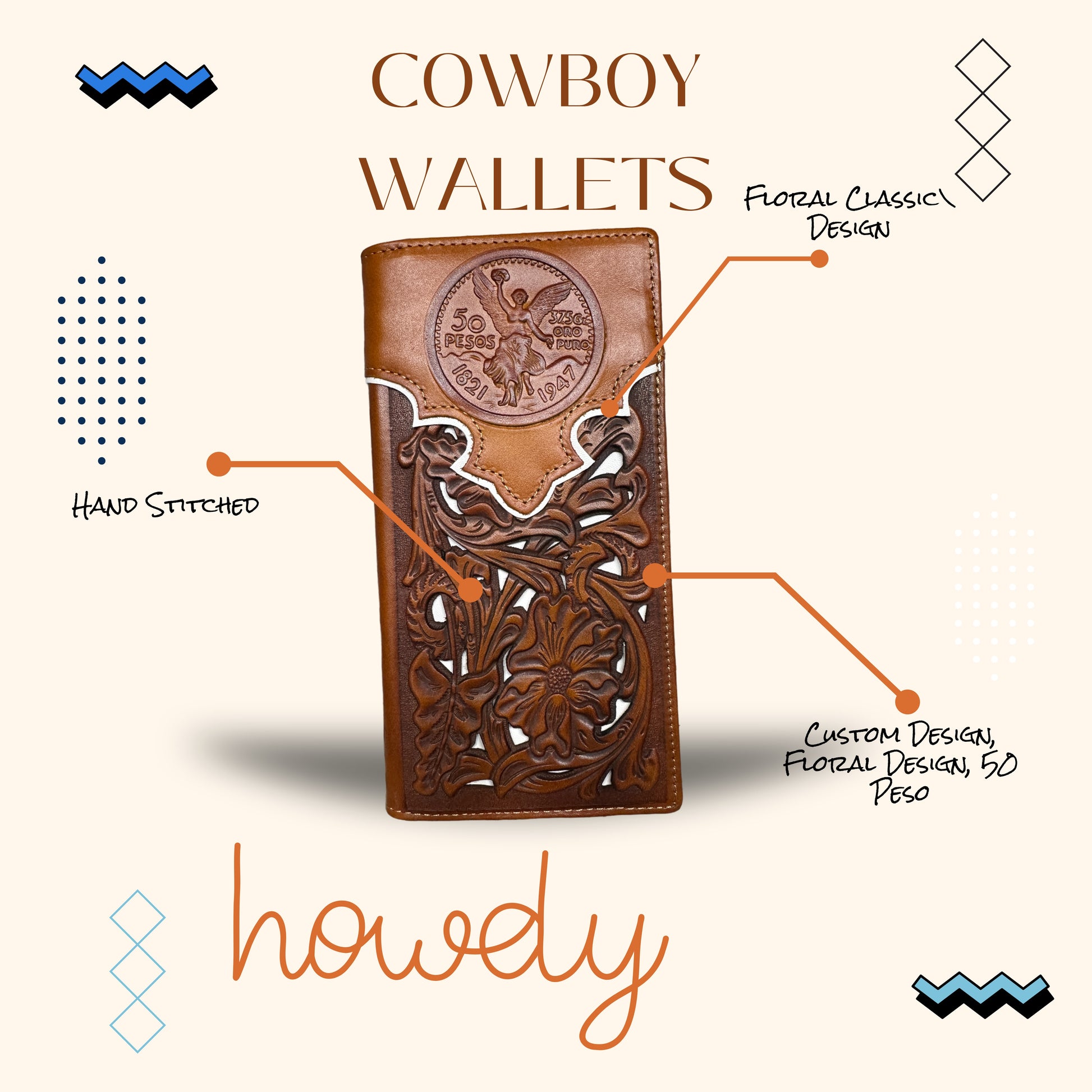 A promotional image for "Western Stakes Floral Long Wallet Brown White 50 Pesos" featuring a brown, hand-stitched leather long wallet with a custom Mexican 50 Peso design. The wallet boasts floral cutout patterns and an embossed eagle crest. Text highlights "Floral Classic Design," "Hand Stitched," and "Custom Design, Floral Design, 50 Peso." The word "howdy" is written at the bottom.