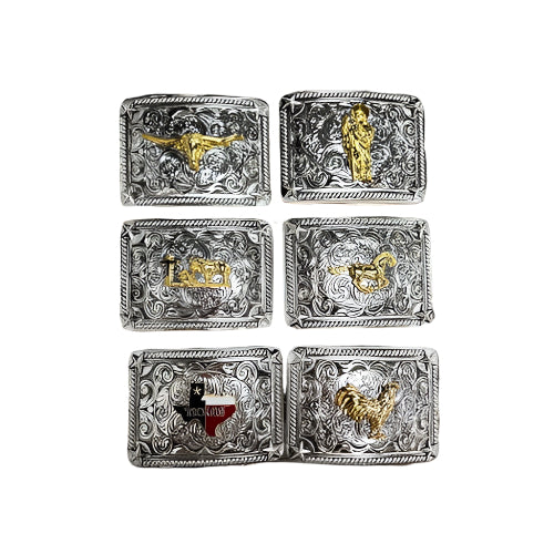 Custom Cowboy Rectangle Silver Belt Buckles For Men Floral Gold Concho