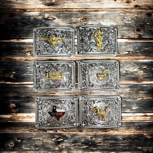 Custom Cowboy Rectangle Silver Belt Buckles For Men Floral Gold Concho