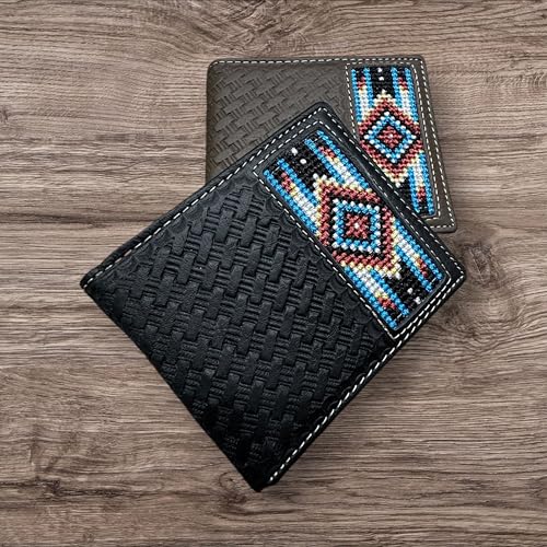 Western Stakes Leather Bi Fold Mens Wallet Tapestry Blue Diamond Arrow Design Hand Crafted Wallets