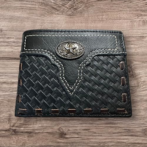 Leather Wallet Basketwave Cowboy Horseshoe Lone Star Concho Bi Fold High End Smooth Leather Mens Wallet