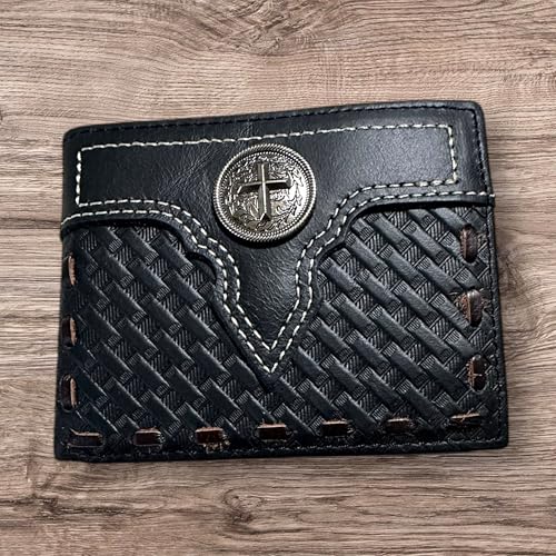 Mens Leather Wallet Basketweave Cowboy Cross Concho Stitched Inlay