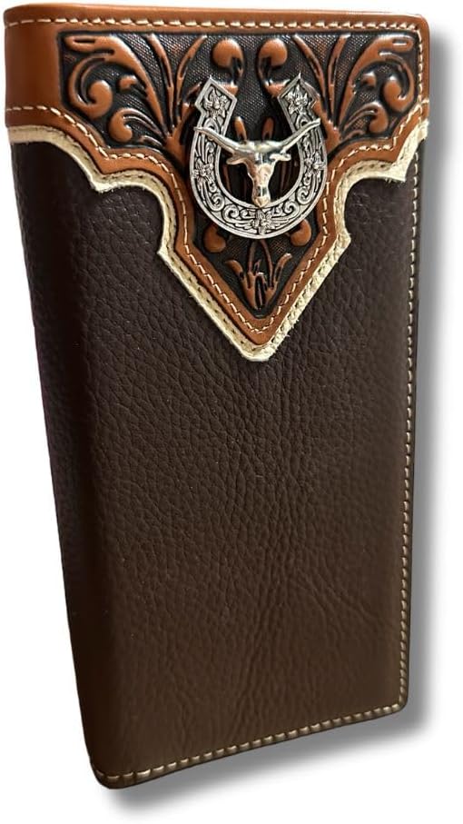 A Western Stakes Mens Leather Long Wallet Longhorn Horseshoe Coffee with intricate embossed designs and a central longhorn horseshoe concho emblem. This brown leather wallet features white stitching around its edges and a tan accent at the top, exuding both rugged style and practicality.