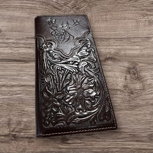 Leather Long Wallet Floral Embossed Deer Buck Bi Fold Hand Crafted Mens Wallets