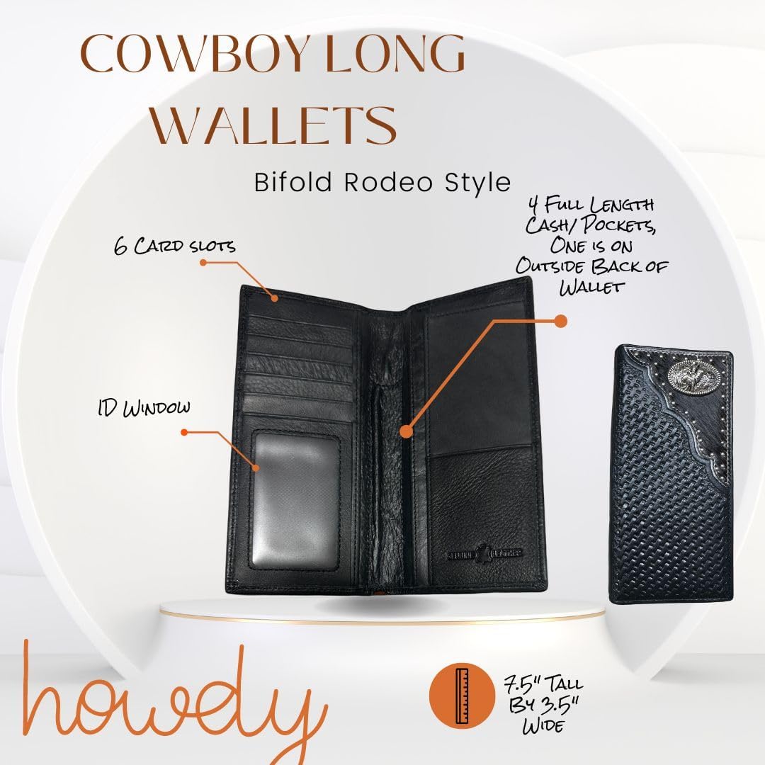 Image of a vertically oriented Bull Rider Long Wallet W Cowhair Basketweave by Western Stakes in Bifold Rodeo Style, featuring six card slots, an ID window, and four full-length cash pockets (one on the outside back). The dimensions are 7.5" tall and 3.5" wide, with a text saying "howdy".