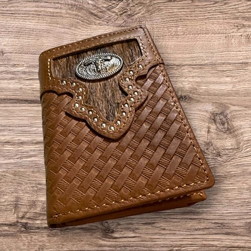 Leather Tri Fold Wallet Concho & Cowhair