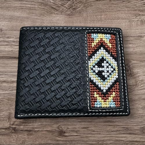 Western Stakes Leather Bi Fold Mens Wallet Tapestry Diamond Cross Design Hand Crafted Wallet