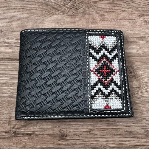 Western Stakes Leather Bi Fold Mens Wallet Tapestry Diamond Red Cross Design Rodeo Wallet Cowboy Style Hand Crafted High End Mens Wallets Leather Gifts For Men