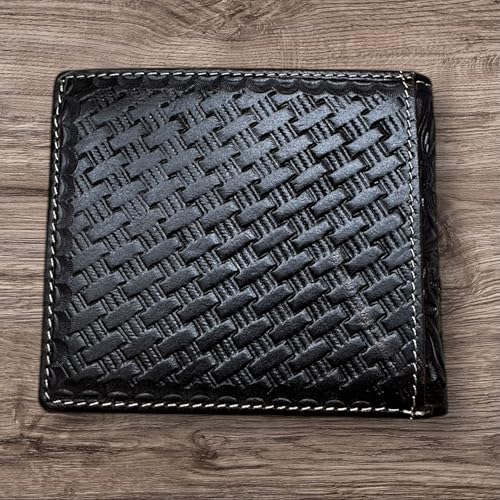 Western Stakes Leather Bi Fold Wallet Cowboy Praying at Cross Concho