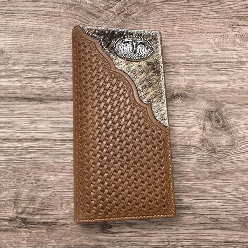 Leather Long Wallet Basketweave Longhorn Concho Cowhair Inlay