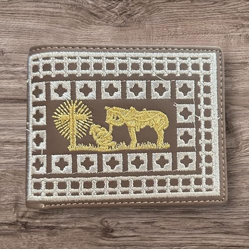 Western Stakes Rodeo Cowboy Bi-Fold Leather Wallet with Gold Cowboy Praying at Cross Design