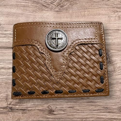 Mens Leather Wallet Basketweave Cowboy Cross Concho Stitched Inlay