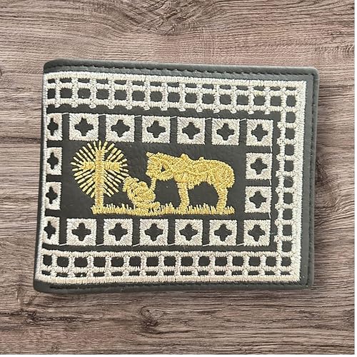 Western Stakes Rodeo Cowboy Bi-Fold Leather Wallet with Gold Cowboy Praying at Cross Design