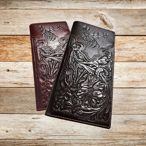 Leather Long Wallet Floral Embossed Deer Buck Bi Fold Hand Crafted Mens Wallets