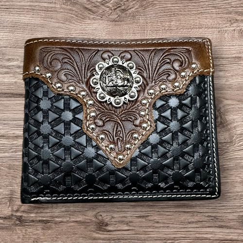 Western Stakes Leather Bi Fold Wallet Cowboy Praying at Cross Concho