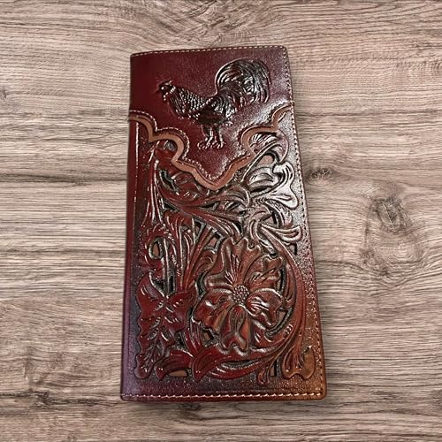 Leather Long Wallet Floral Embossed Rooster Gallo Bi Fold High End Mens Wallet