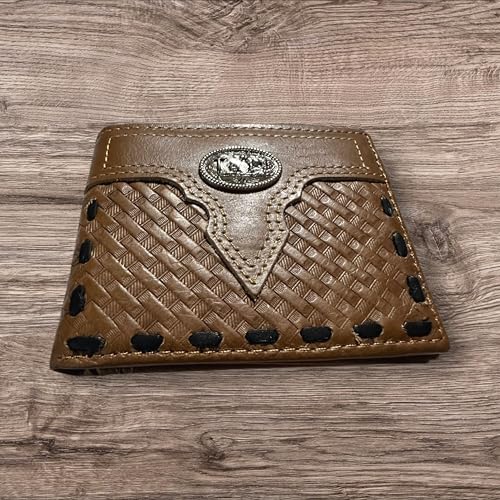 Leather Wallet Basketwave Cowboy Praying at Cross Concho Cowhide Bi Fold Mens Wallets